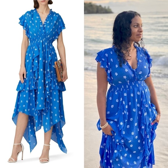 SHOSHANNA‎ Cobalt Floral Embroidered Asymmetric Hem Ruffle Tier Maxi Dress 14 - Picture 2 of 14